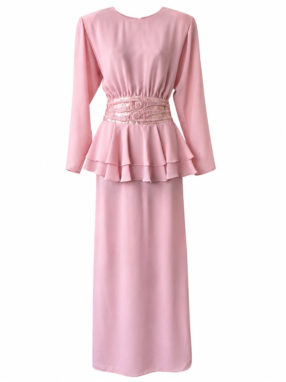 Vintage Miss Elliette Pink Chiffon Peplum Waist Beaded Dress Medium